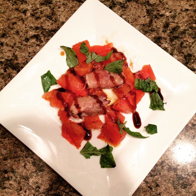 #prosciutto wrapped #mozzarella with #tomato and #basil ! #appetizer #nye @jdotbrat